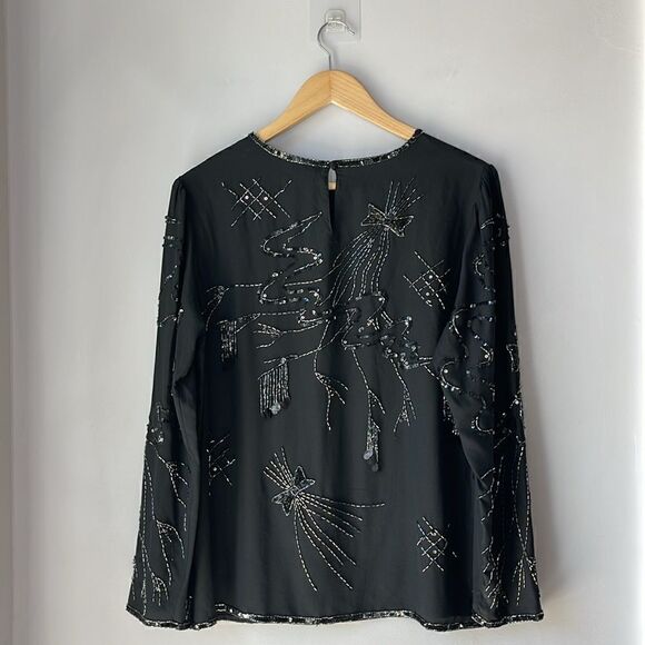 Vintage Silk CC Courtenay Blouse Sequin Beaded Blouse Black Medium - Picture 2 of 11